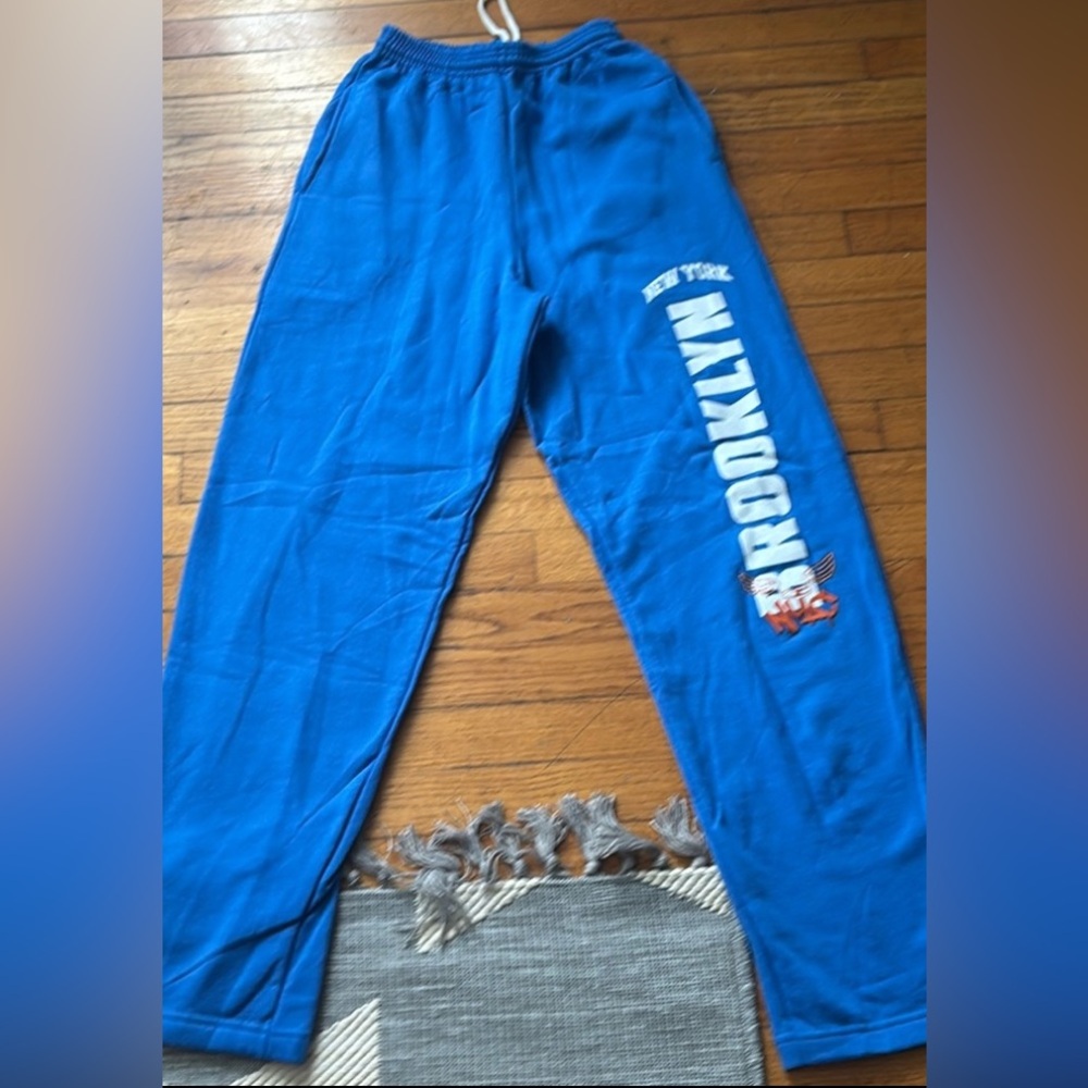 New men’s Sz S blue warm Brooklyn letters sweatpants joggers pants by NovaMen